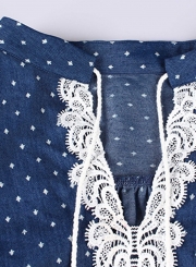 Blue Turn-Down Collar Long Sleeve Loose Lace Polka Dot Blouse