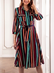 Navy Striped Turn-Down Collar Waist Tie Button Down Maxi Dress With Pockets