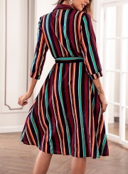 Navy Striped Turn-Down Collar Waist Tie Button Down Maxi Dress With Pockets