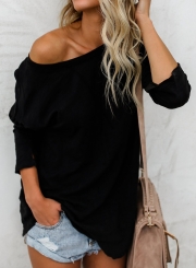 Black Casual Round Neck Long Sleeve Loose Solid Color Tee