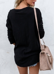 Black Casual Round Neck Long Sleeve Loose Solid Color Tee