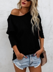 Black Casual Round Neck Long Sleeve Loose Solid Color Tee