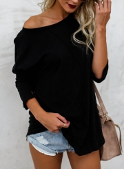 Black Casual Round Neck Long Sleeve Loose Solid Color Tee