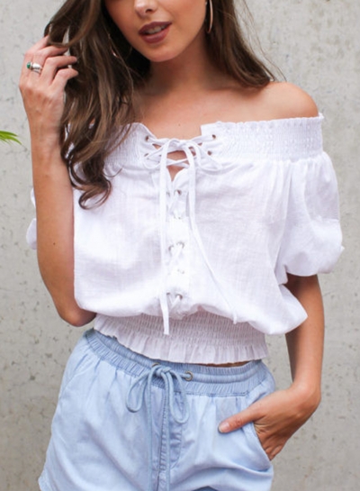 White Off Shoulder Lantern Half Sleeve Lace-Up Loose Solid Color Tee YOUYOUFASHIONEC.com