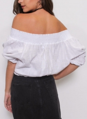 White Off Shoulder Lantern Half Sleeve Lace-Up Loose Solid Color Tee