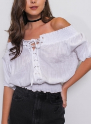 White Off Shoulder Lantern Half Sleeve Lace-Up Loose Solid Color Tee