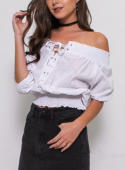 White Off Shoulder Lantern Half Sleeve Lace-Up Loose Solid Color Tee