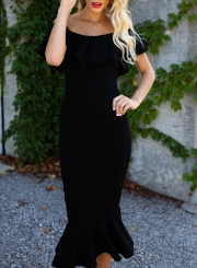 Black Off The Shoulder Ruffle Neckline Solid Color Fiashtail Bodycon Dress