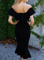 Black Off The Shoulder Ruffle Neckline Solid Color Fiashtail Bodycon Dress