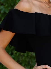 Black Off The Shoulder Ruffle Neckline Solid Color Fiashtail Bodycon Dress