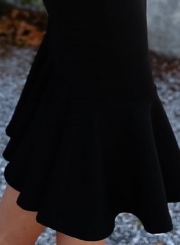 Black Off The Shoulder Ruffle Neckline Solid Color Fiashtail Bodycon Dress