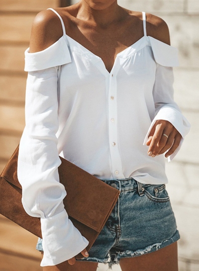 White Sexy Spaghetti Strap Cold Shoulder Long Sleeve Button Down Shirt