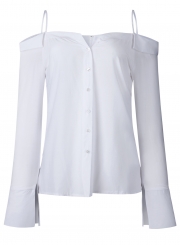 White Sexy Spaghetti Strap Cold Shoulder Long Sleeve Button Down Shirt