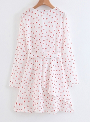 Sweet Heart Print V Neck Long Sleeve Waist Tie Ruffle Dress