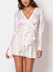 Sweet Heart Print V Neck Long Sleeve Waist Tie Ruffle Dress