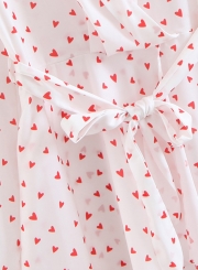 Sweet Heart Print V Neck Long Sleeve Waist Tie Ruffle Dress