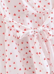 Sweet Heart Print V Neck Long Sleeve Waist Tie Ruffle Dress