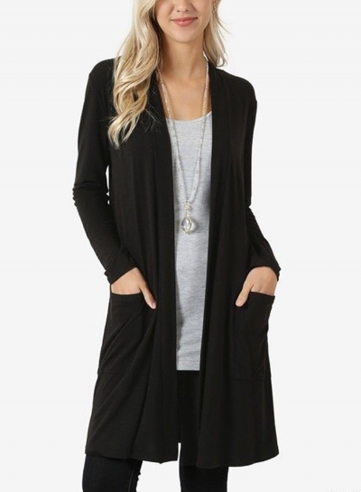 Black Casual Long Sleeve Open Front Cardigan With Pockets STYLESIMO.com