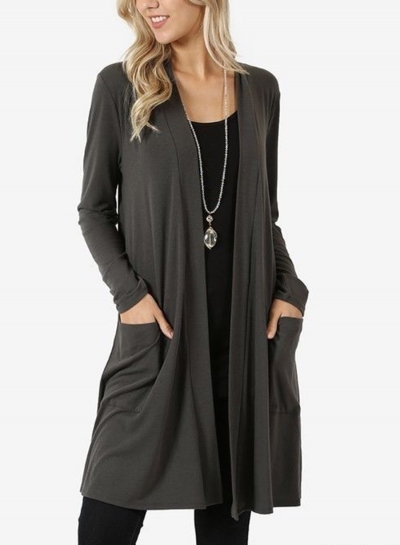 Grey Casual Long Sleeve Open Front Cardigan With Pockets STYLESIMO.com