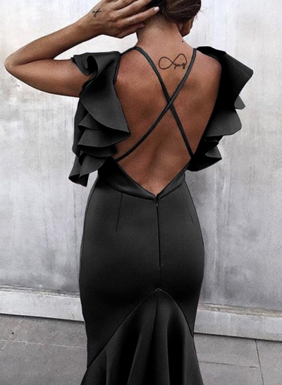 Black Spaghetti Strap Backless Evening Dress