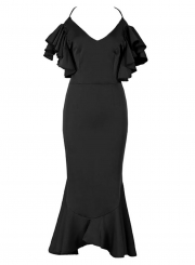 Black Spaghetti Strap Backless Evening Dress