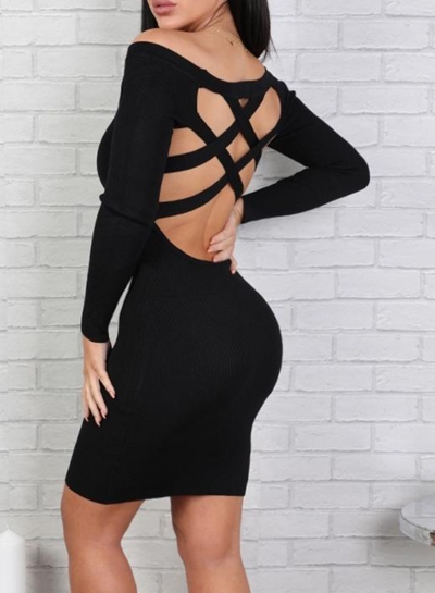 Black Off Shoulder Back Cross Bodycon Dress YOUYOUFASHIONEC.com