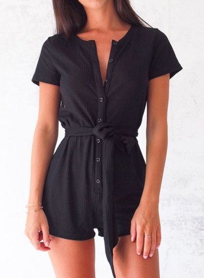 Black Casual Round Neck Slim Button Down Wide Leg Romper YOUYOUFASHIONEC.com