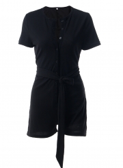 Black Casual Round Neck Slim Button Down Wide Leg Romper