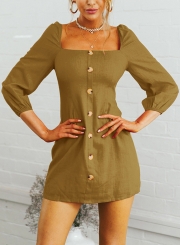 Yellow Casual Square Neck 3/4 Sleeve Solid Color Button Down Mini Dress