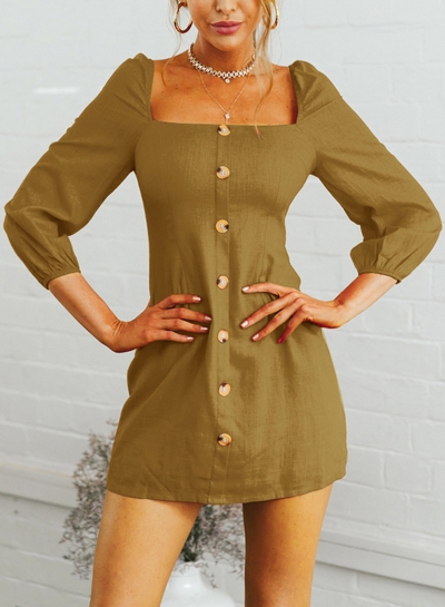 Yellow Casual Square Neck 3/4 Sleeve Solid Color Button Down Mini Dress YOUYOUFASHIONEC.com