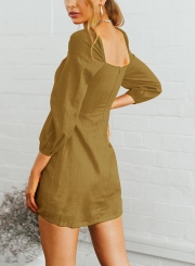 Yellow Casual Square Neck 3/4 Sleeve Solid Color Button Down Mini Dress