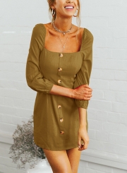 Yellow Casual Square Neck 3/4 Sleeve Solid Color Button Down Mini Dress