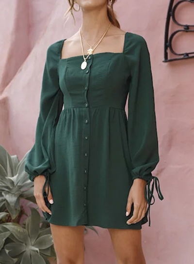 Dark Green Casual Long Sleeve Square Neck Cuff Lace-Up Button Down Mini Dress LZDINTECOMMERCE.com