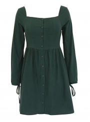 Dark Green Casual Long Sleeve Square Neck Cuff Lace-Up Button Down Mini Dress