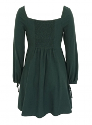 Dark Green Casual Long Sleeve Square Neck Cuff Lace-Up Button Down Mini Dress