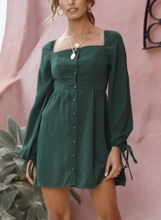 Dark Green Casual Long Sleeve Square Neck Cuff Lace-Up Button Down Mini Dress