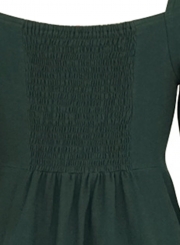 Dark Green Casual Long Sleeve Square Neck Cuff Lace-Up Button Down Mini Dress