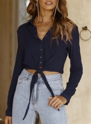 Navy Sexy Turn-Down Collar Long Sleeve Crop Top Button Down Shirt With Pockets