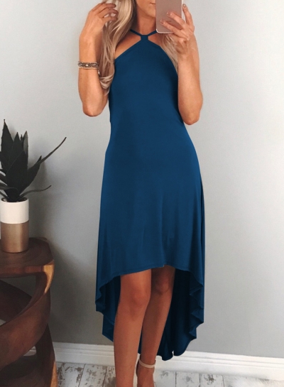 Navy Women's Fashion Sexy Solid Irregular Halter Off The Shoulder Midi Dress LZDINTECOMMERCE.com