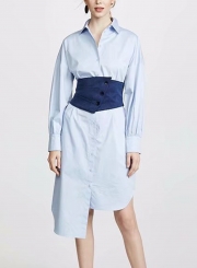 Blue Turn-Down Collar Long Sleeve Irregular Button Down Dress With Waist Seal