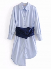 Blue Turn-Down Collar Long Sleeve Irregular Button Down Dress With Waist Seal