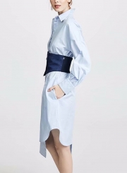 Blue Turn-Down Collar Long Sleeve Irregular Button Down Dress With Waist Seal