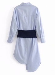 Blue Turn-Down Collar Long Sleeve Irregular Button Down Dress With Waist Seal