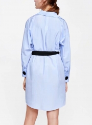Light Blue Turn-Down Collar Long Sleeve Button Down Mini Dress With Belt
