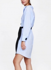 Light Blue Turn-Down Collar Long Sleeve Button Down Mini Dress With Belt