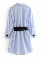 Light Blue Turn-Down Collar Long Sleeve Button Down Mini Dress With Belt