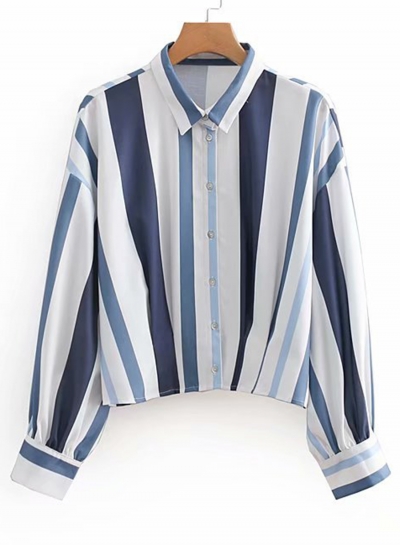 White Striped Turn-Down Collar Long Sleeve Loose Button Down Shirt