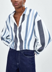 White Striped Turn-Down Collar Long Sleeve Loose Button Down Shirt