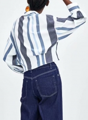 White Striped Turn-Down Collar Long Sleeve Loose Button Down Shirt