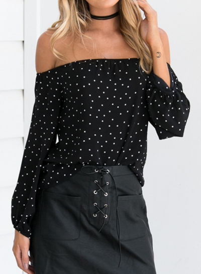 Black Summer Off Shoulder Long Sleeve Loose Polka Dot Blouse YOUYOUFASHIONEC.com